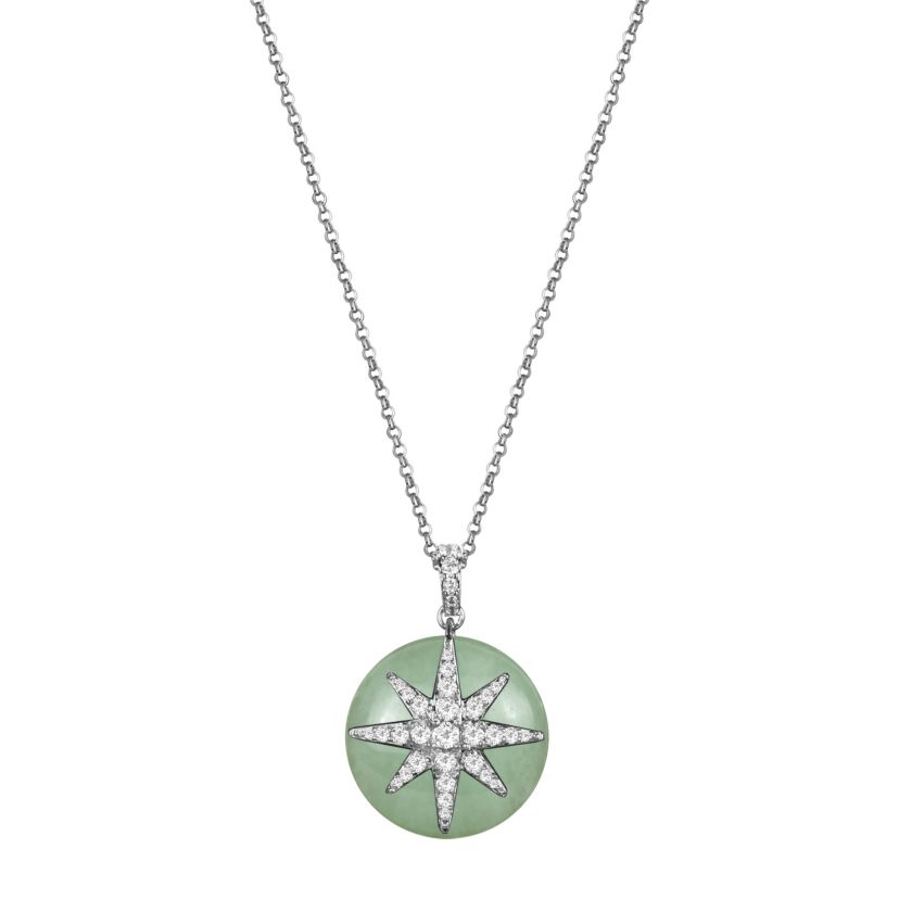 Rhodium Plated Sterling Silver Genuine Jade Disc and Cubic Zirconia North Star Pendant Necklace