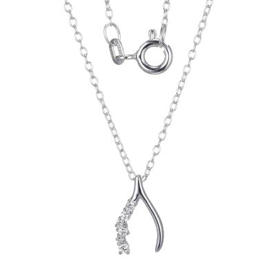 Aurealis 1/15 cttw Diamond Offset Wishbone Necklace in Rhodium Plated Sterling Silver with 18" Chain, White