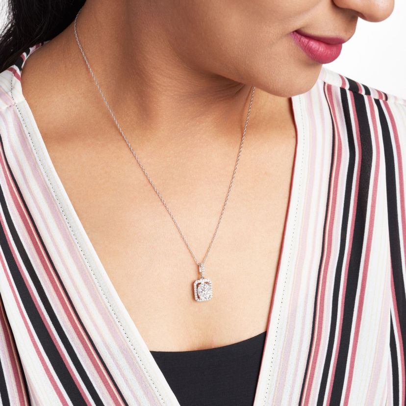 Rhodium Plated Sterling Silver  Moissanite Halo Necklace