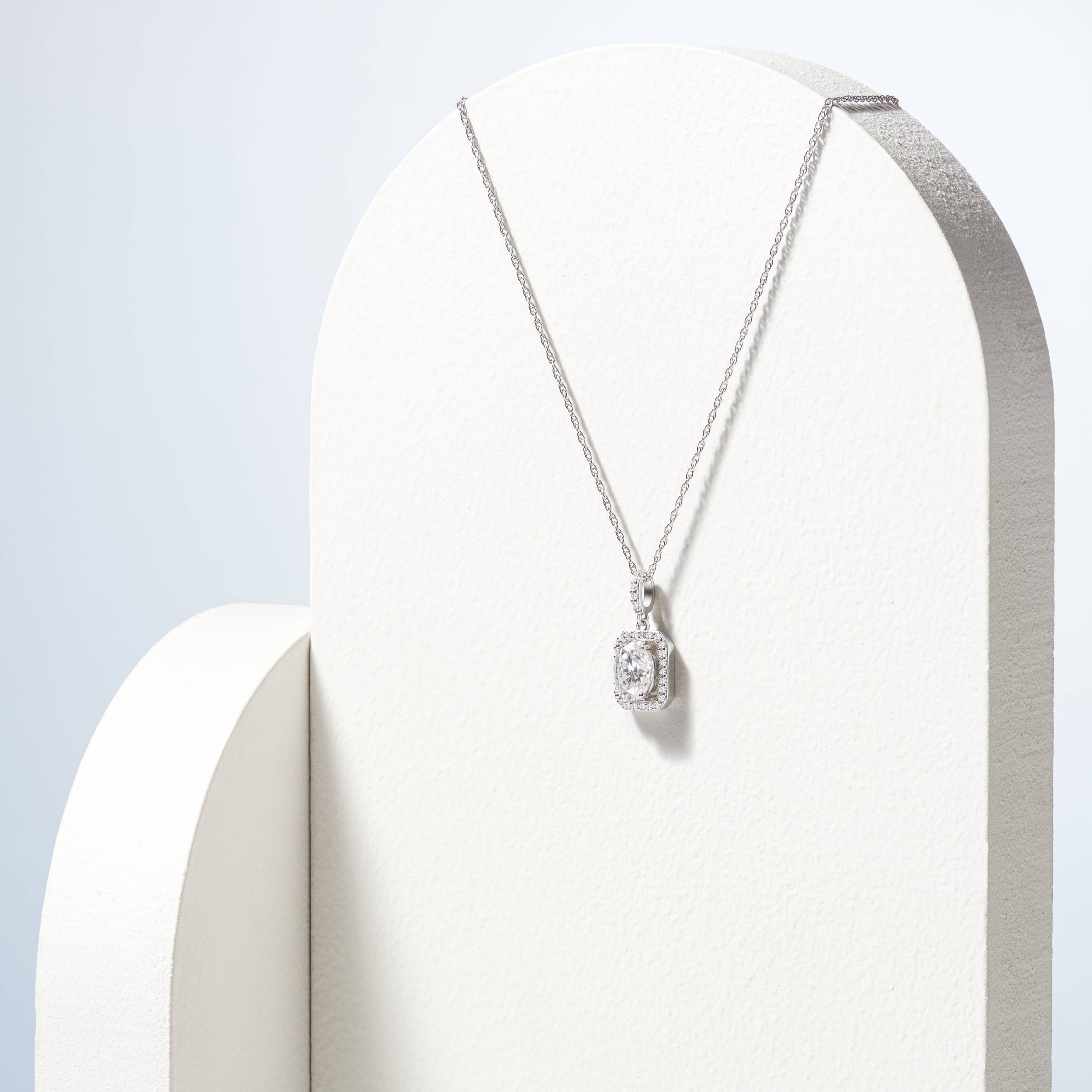 Rhodium Plated Sterling Silver  Moissanite Halo Necklace
