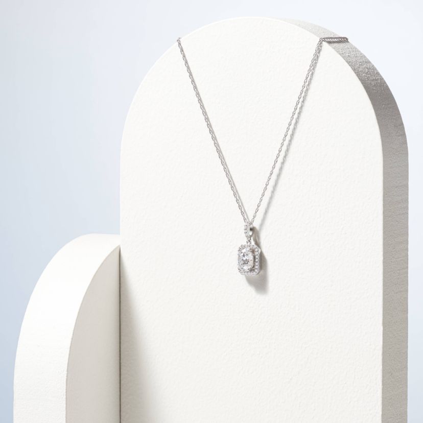 Rhodium Plated Sterling Silver  Moissanite Halo Necklace