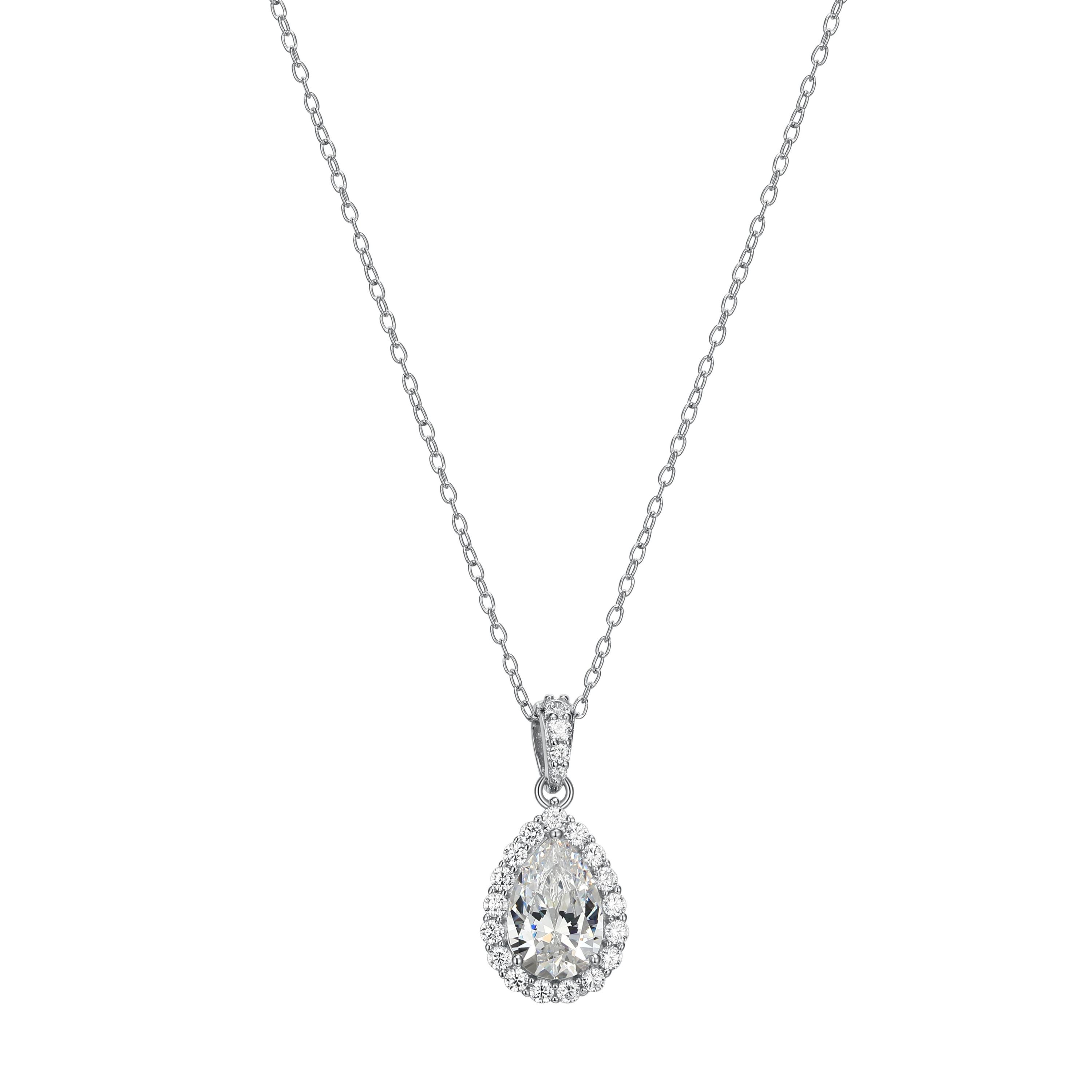 Pear Shaped Moissanite Necklace in 18k Gold or Rhodium Plated Sterling Silver
