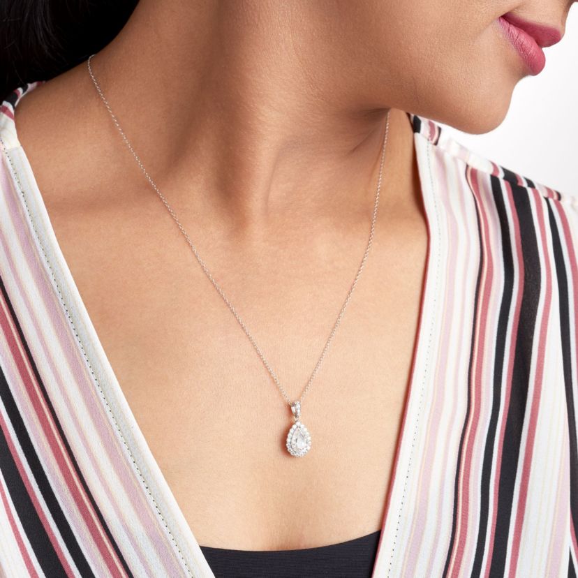 Pear Shaped Moissanite Necklace in 18k Gold or Rhodium Plated Sterling Silver