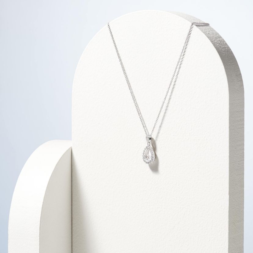 Pear Shaped Moissanite Necklace in 18k Gold or Rhodium Plated Sterling Silver