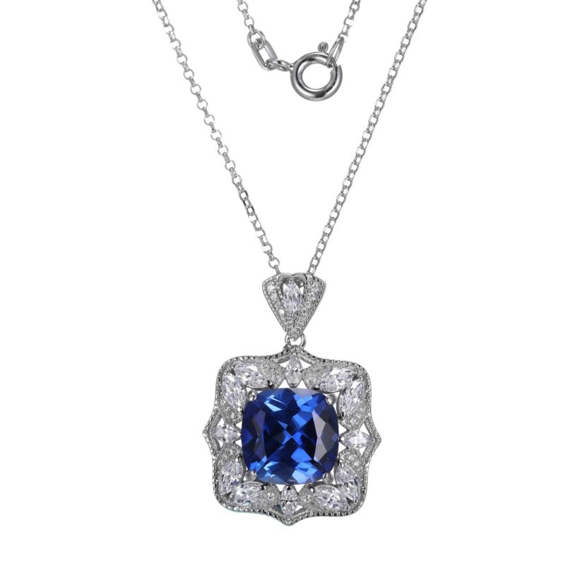 Lab Created Created Blue Sapphire Cushion Necklace in Rhodium-plated Sterling Silver