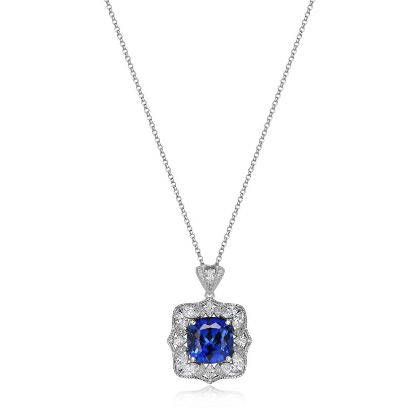 Lab Created Created Blue Sapphire Cushion Necklace in Rhodium-plated Sterling Silver