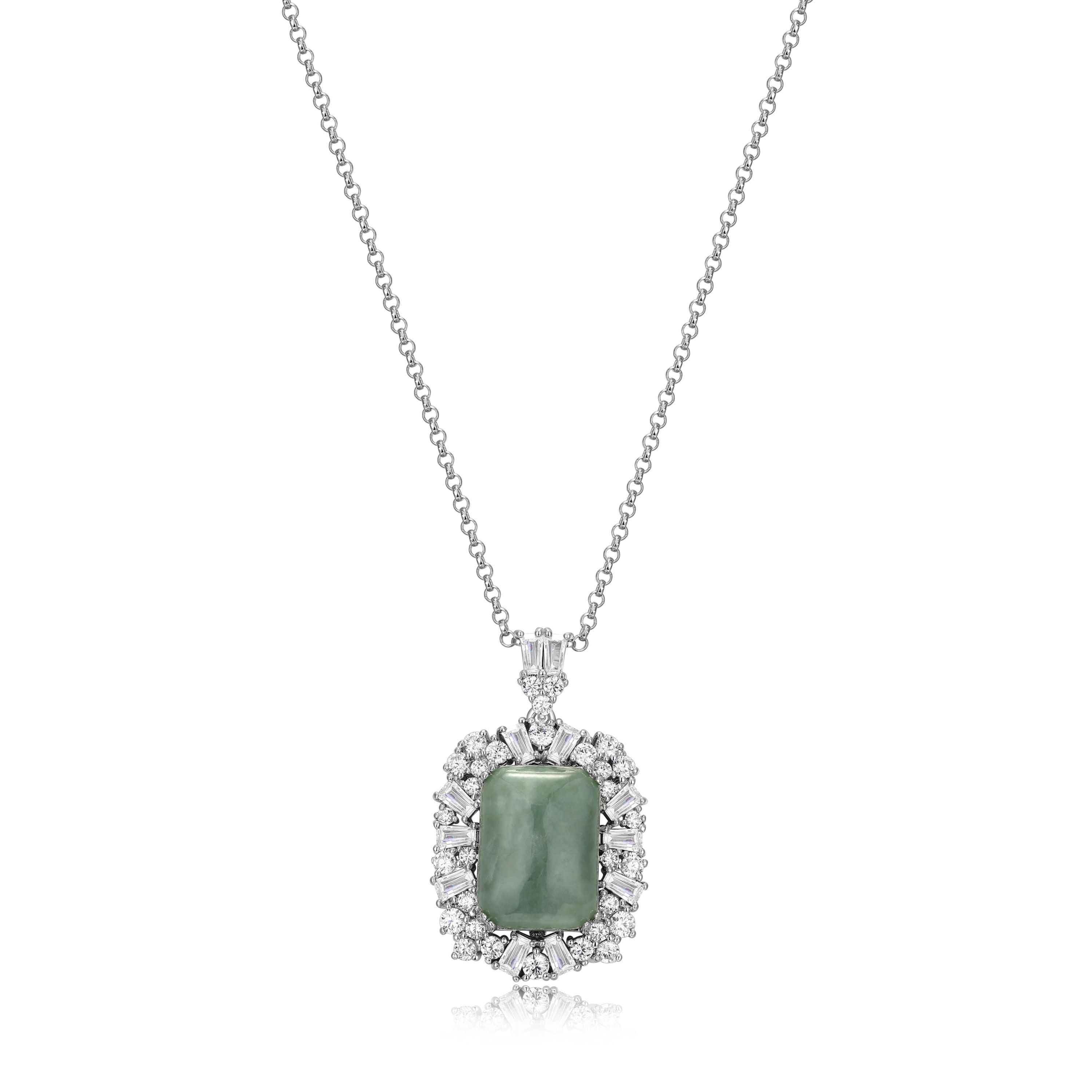 Rhodium Plated Sterling Silver Genuine Jade and Cubic Zirconia Scattered Halo Pendant Necklace