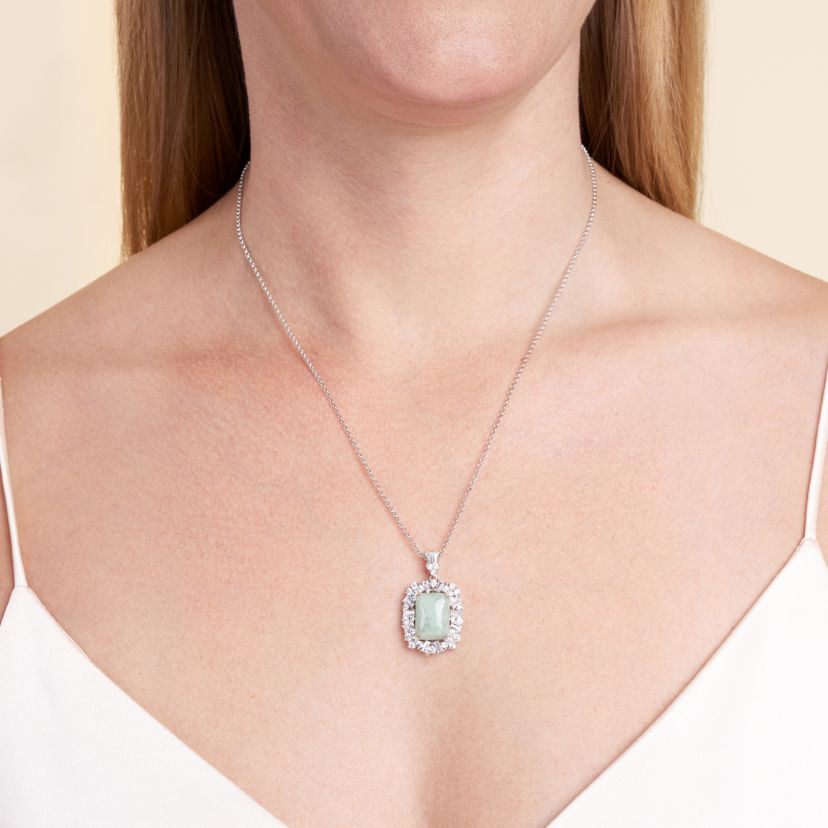 Rhodium Plated Sterling Silver Genuine Jade and Cubic Zirconia Scattered Halo Pendant Necklace