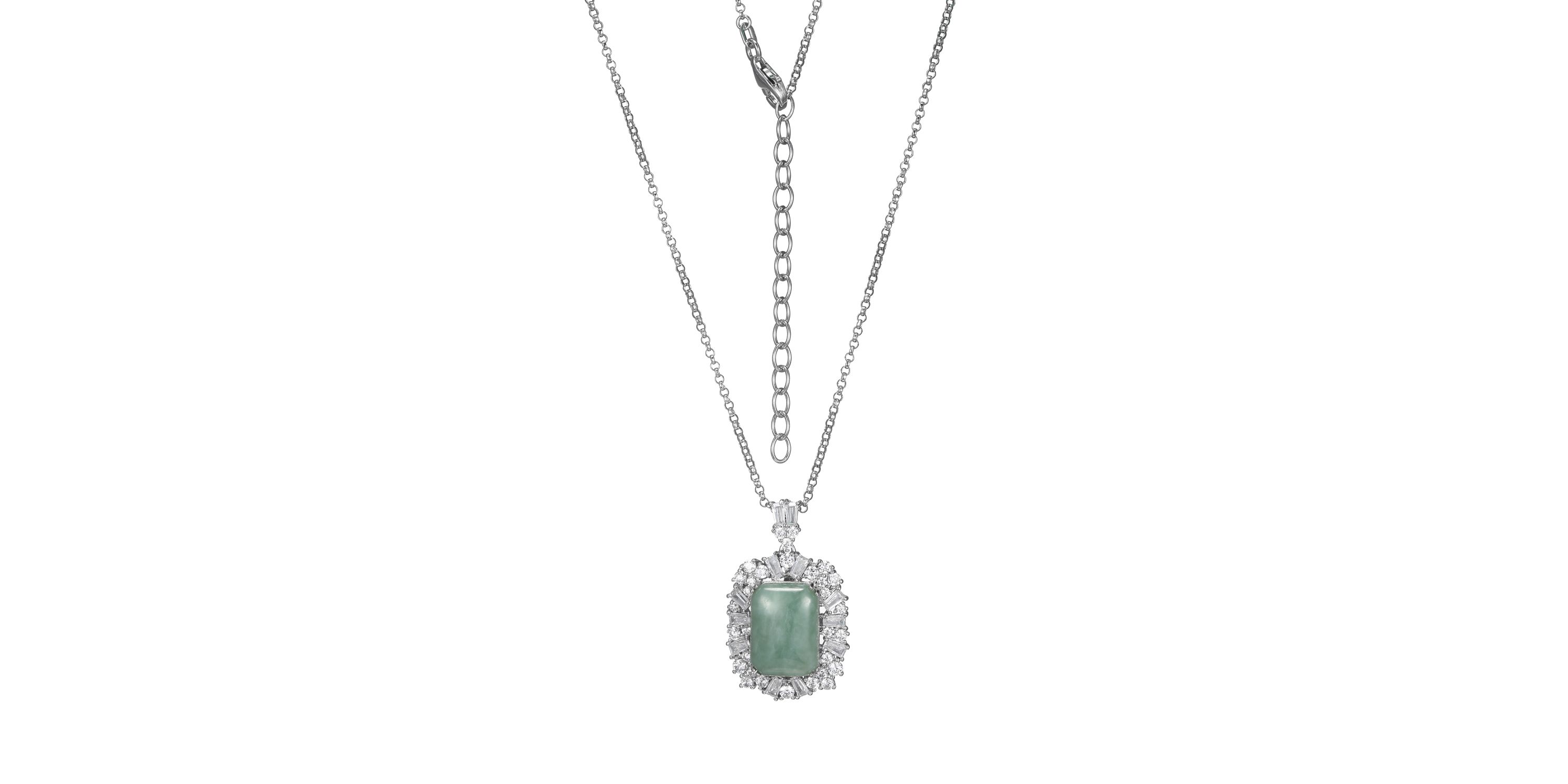Rhodium Plated Sterling Silver Genuine Jade and Cubic Zirconia Scattered Halo Pendant Necklace