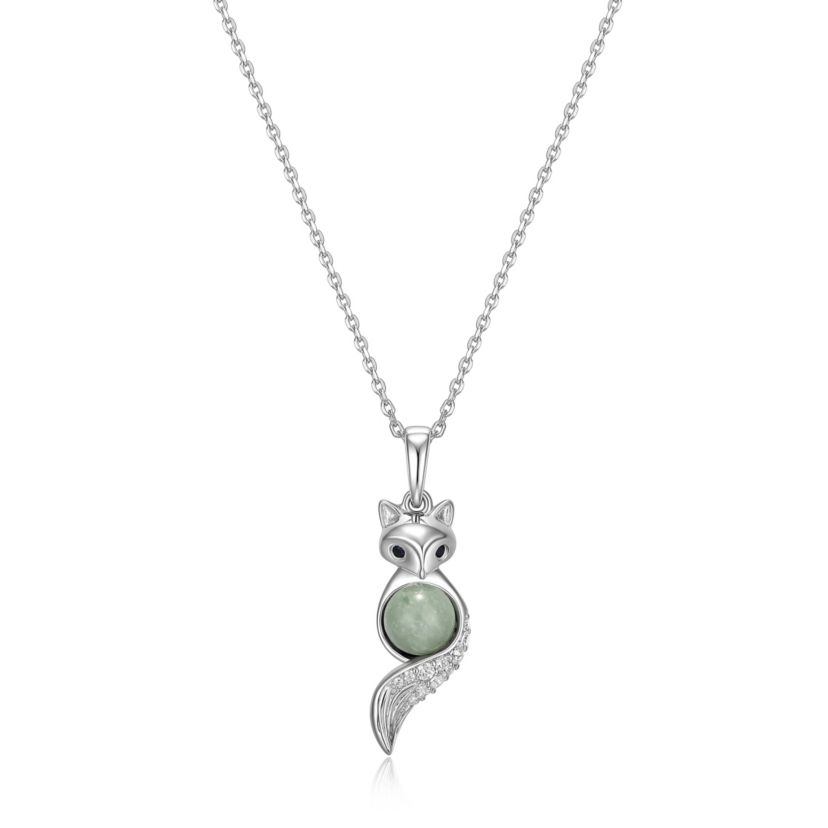 Rhodium Plated Sterling Silver Genuine Jade Fox Pendant Necklace