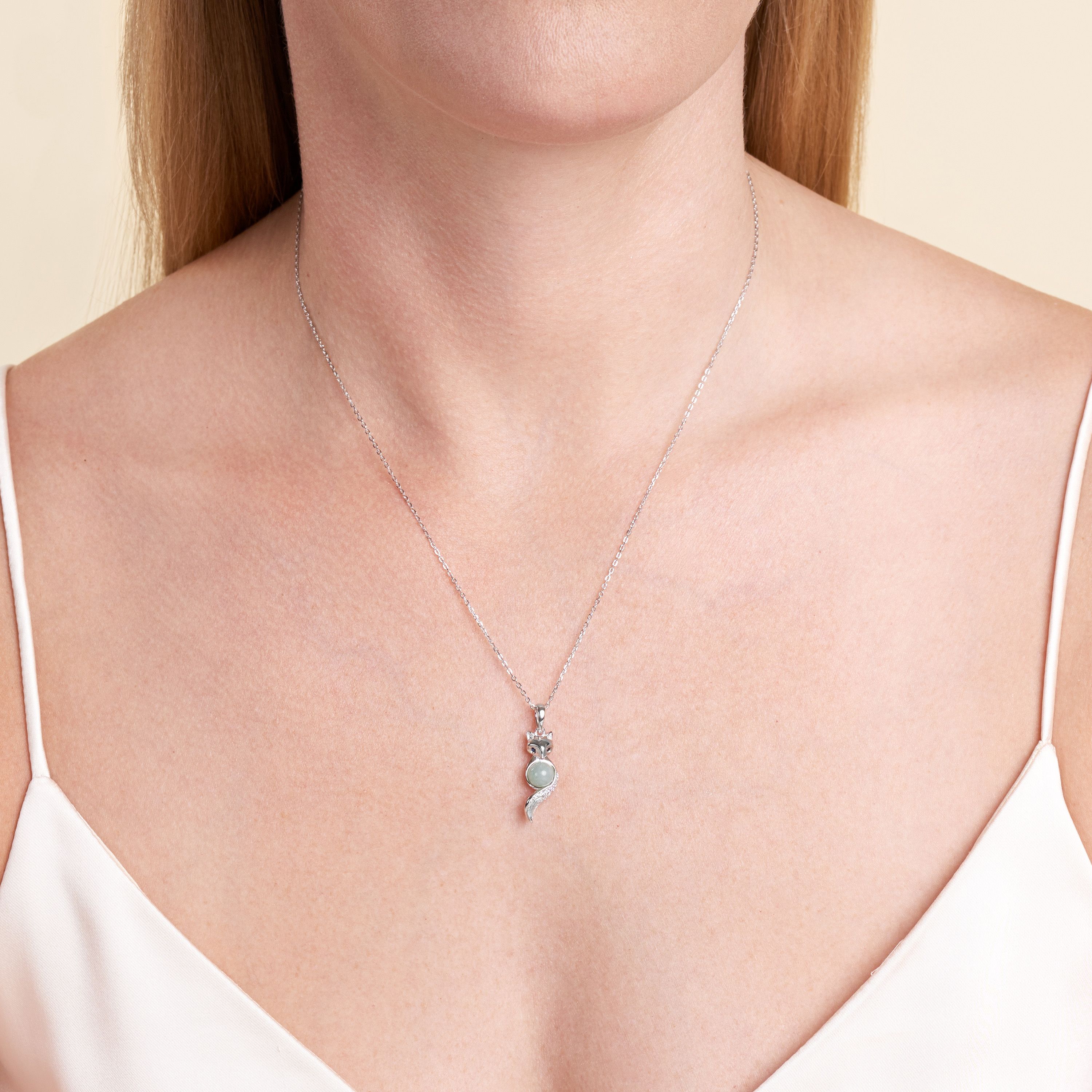 Rhodium Plated Sterling Silver Genuine Jade Fox Pendant Necklace