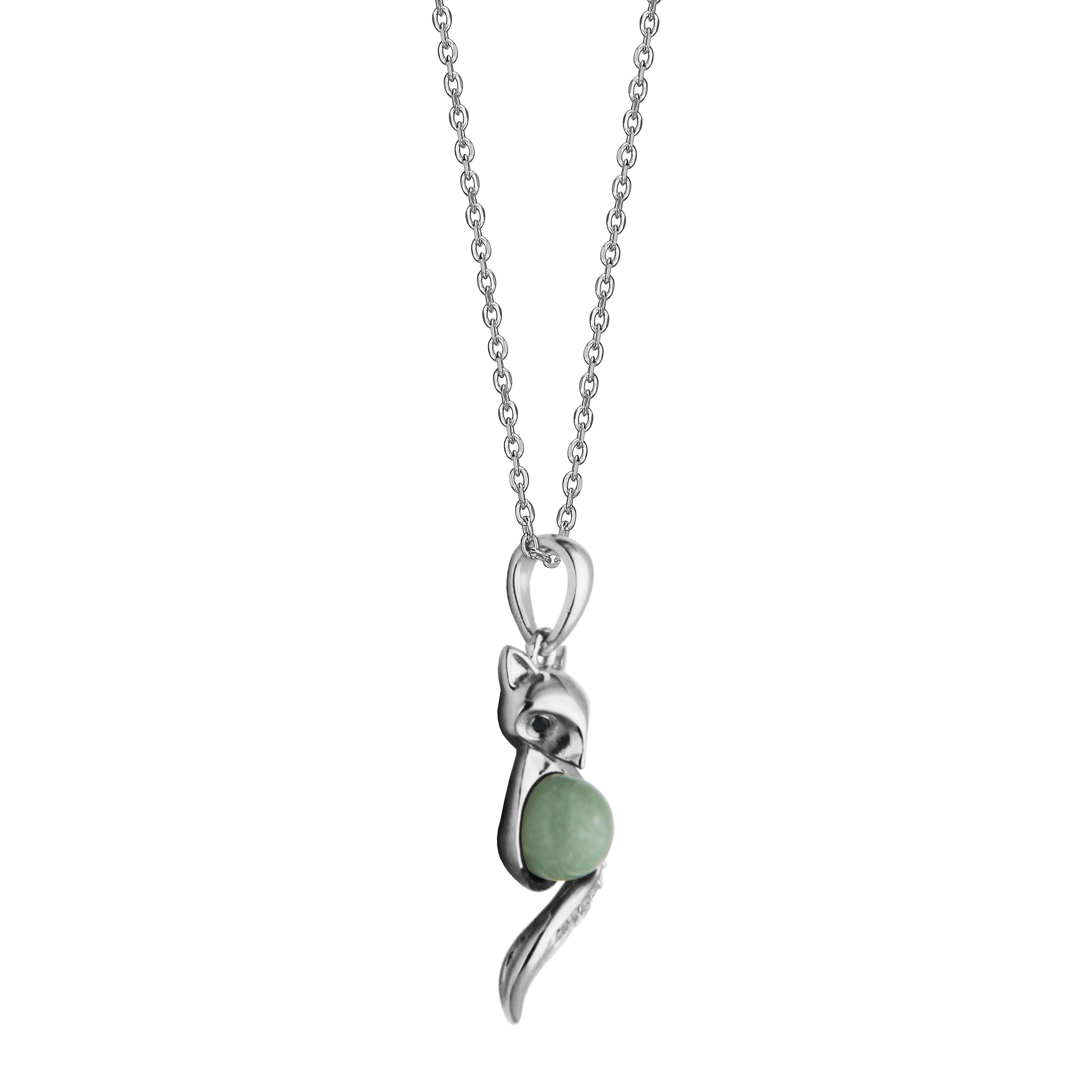 Rhodium Plated Sterling Silver Genuine Jade Fox Pendant Necklace