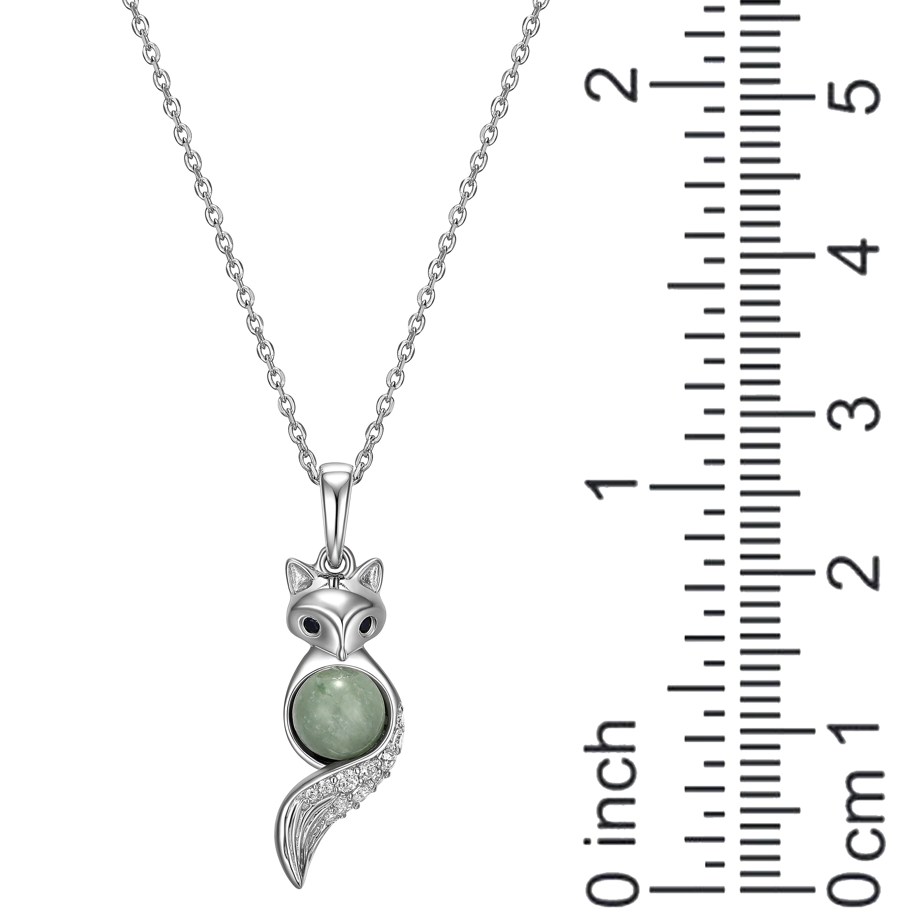 Rhodium Plated Sterling Silver Genuine Jade Fox Pendant Necklace