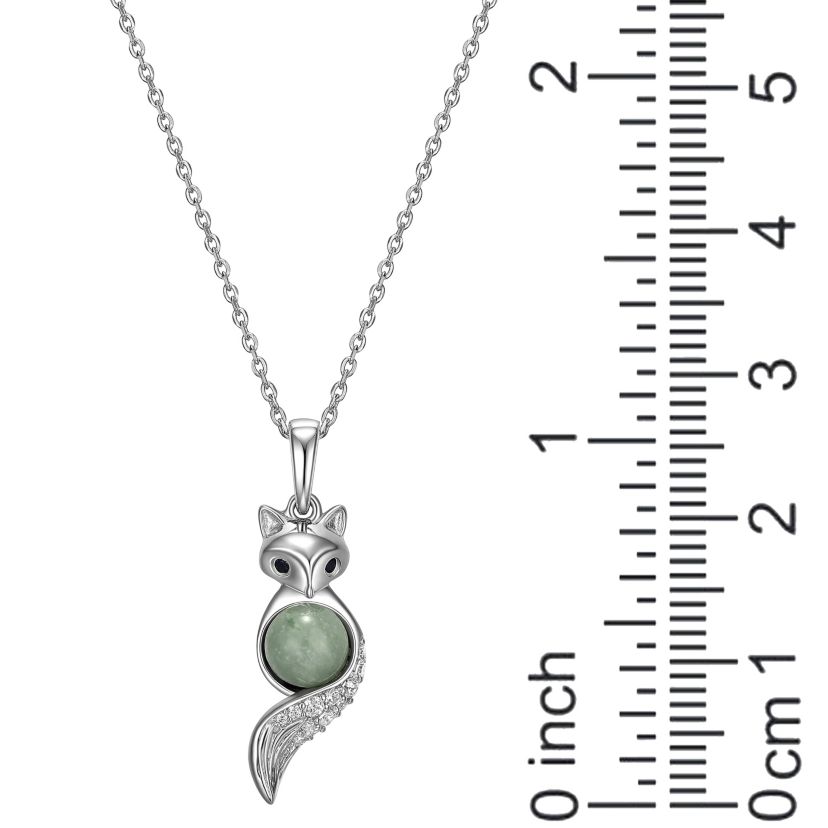 Rhodium Plated Sterling Silver Genuine Jade Fox Pendant Necklace
