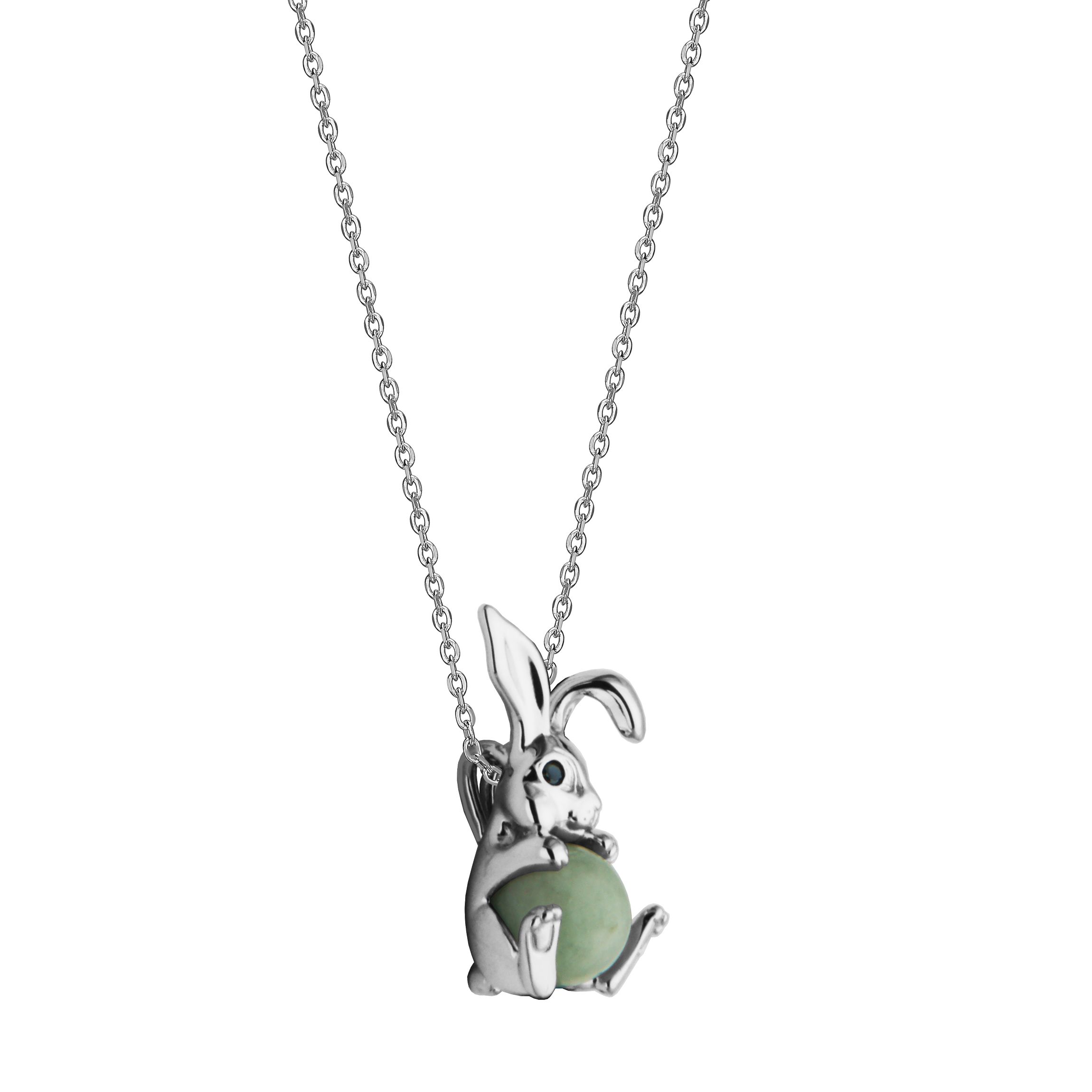 Rhodium Plated Sterling Silver Genuine Jade Rabit Pendant