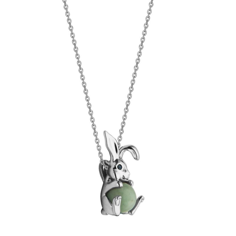 Rhodium Plated Sterling Silver Genuine Jade Rabit Pendant