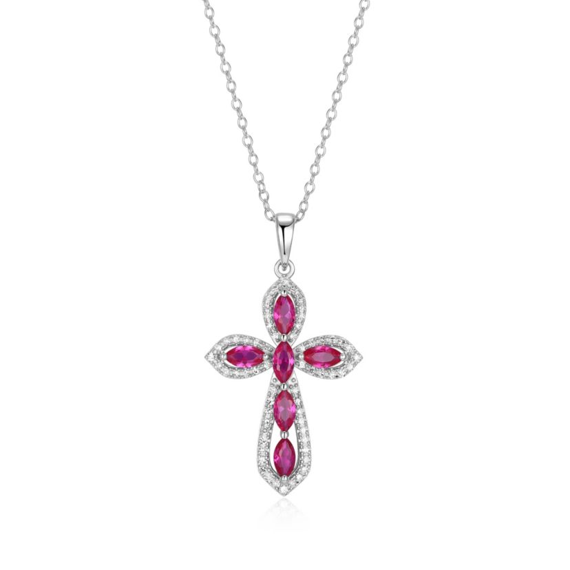 Lab Created Created Ruby and 1/5 CTTW Lab Grown Diamond Cross Pendant Necklace in Rhodium Plated Sterling Silver