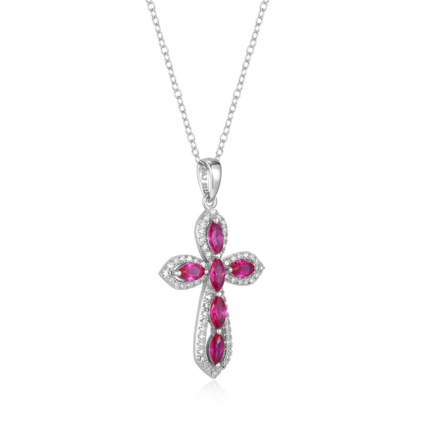 Lab Created Created Ruby and 1/5 CTTW Lab Grown Diamond Cross Pendant Necklace in Rhodium Plated Sterling Silver