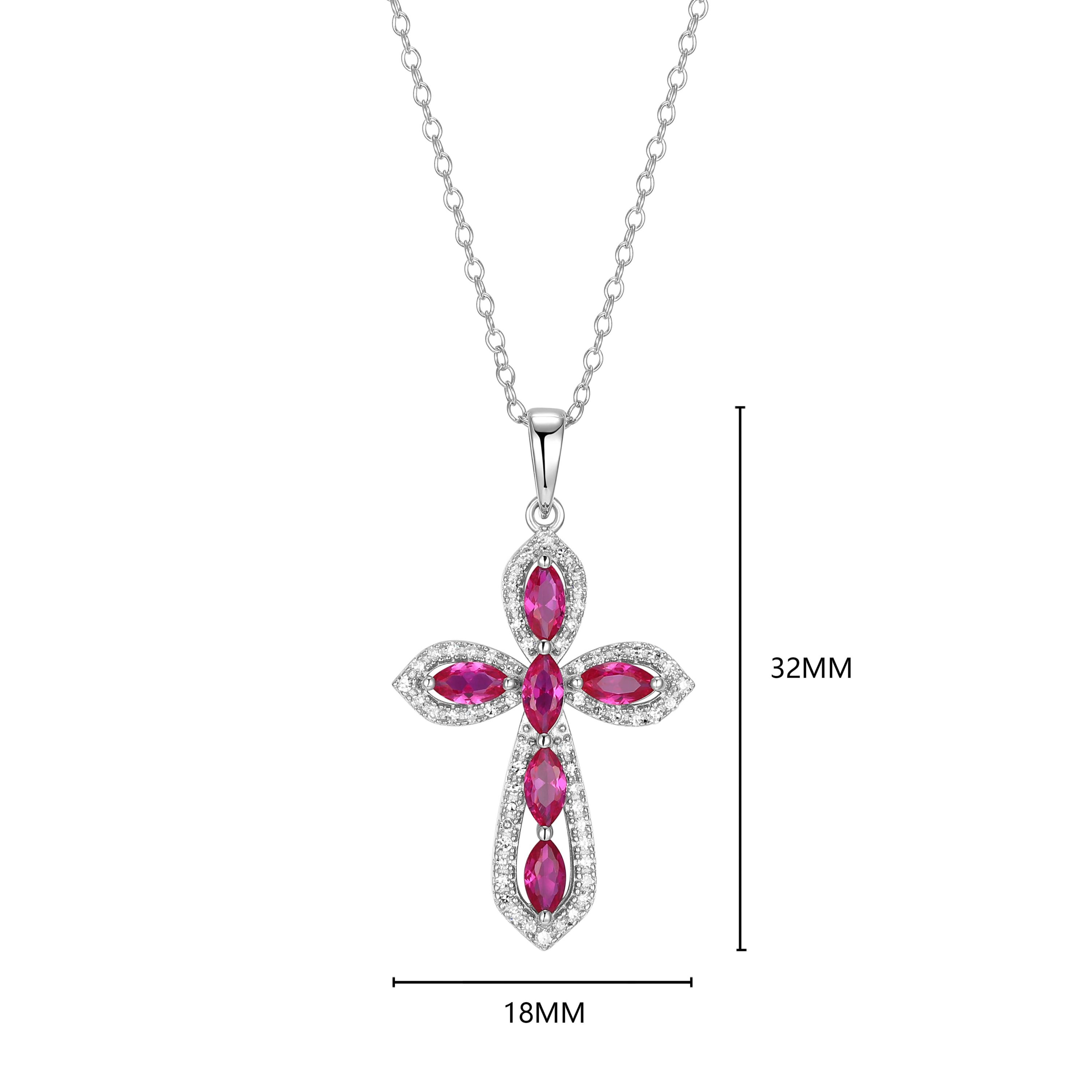 Lab Created Created Ruby and 1/5 CTTW Lab Grown Diamond Cross Pendant Necklace in Rhodium Plated Sterling Silver