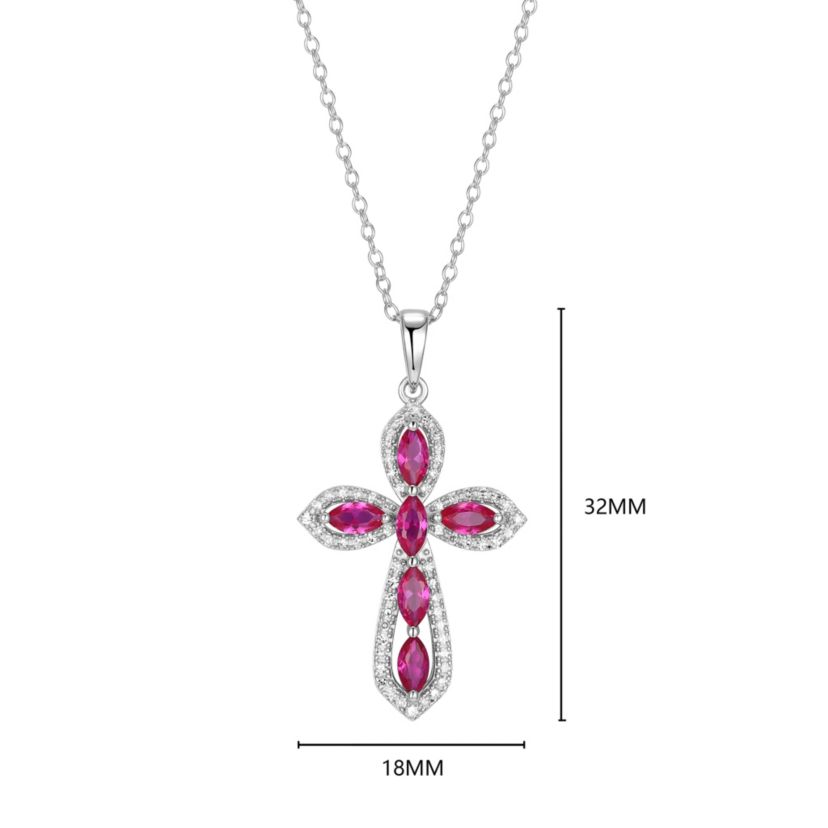 Lab Created Created Ruby and 1/5 CTTW Lab Grown Diamond Cross Pendant Necklace in Rhodium Plated Sterling Silver