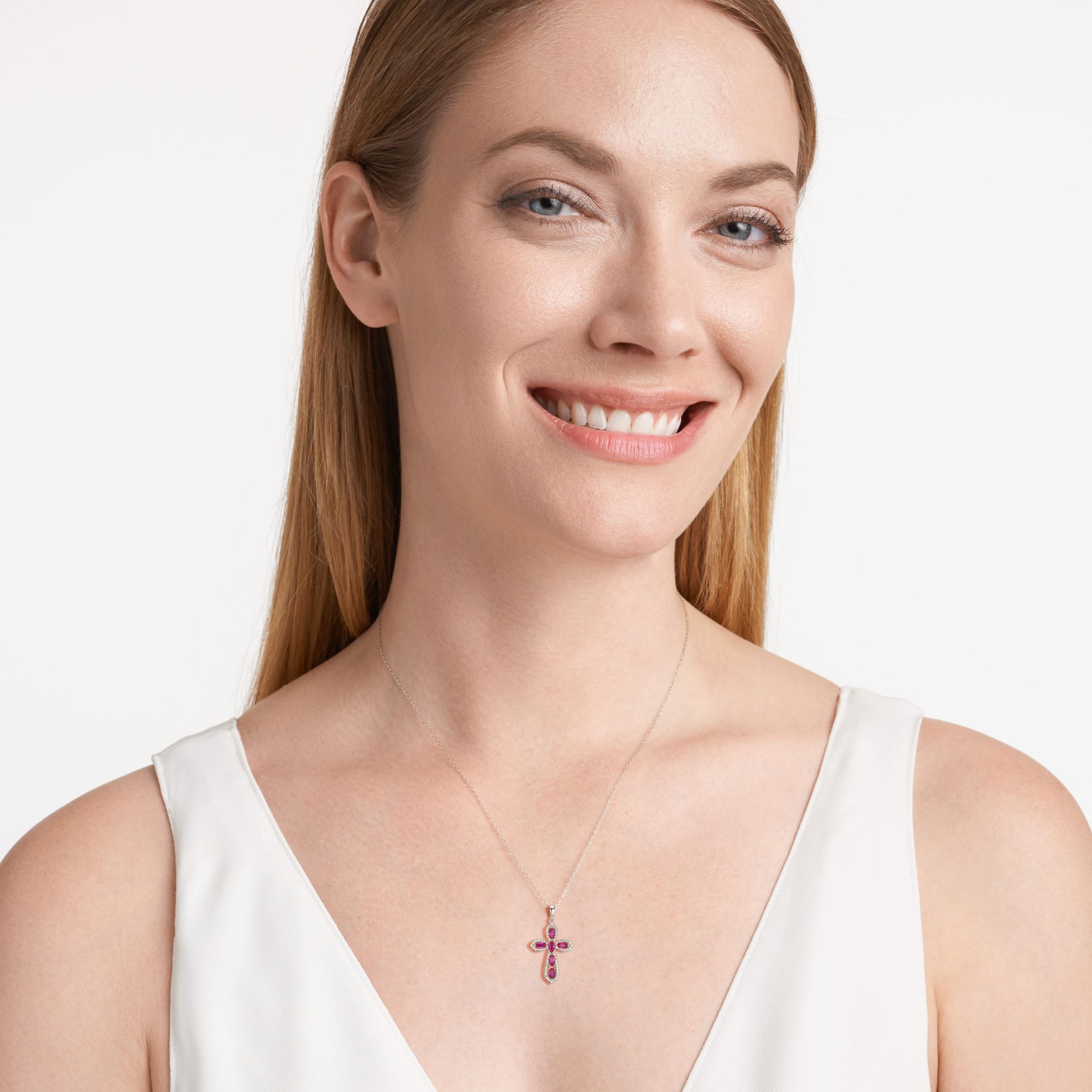 Lab Created Created Ruby and 1/5 CTTW Lab Grown Diamond Cross Pendant Necklace in Rhodium Plated Sterling Silver