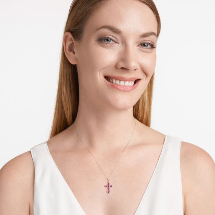 Lab Created Created Ruby and 1/5 CTTW Lab Grown Diamond Cross Pendant Necklace in Rhodium Plated Sterling Silver