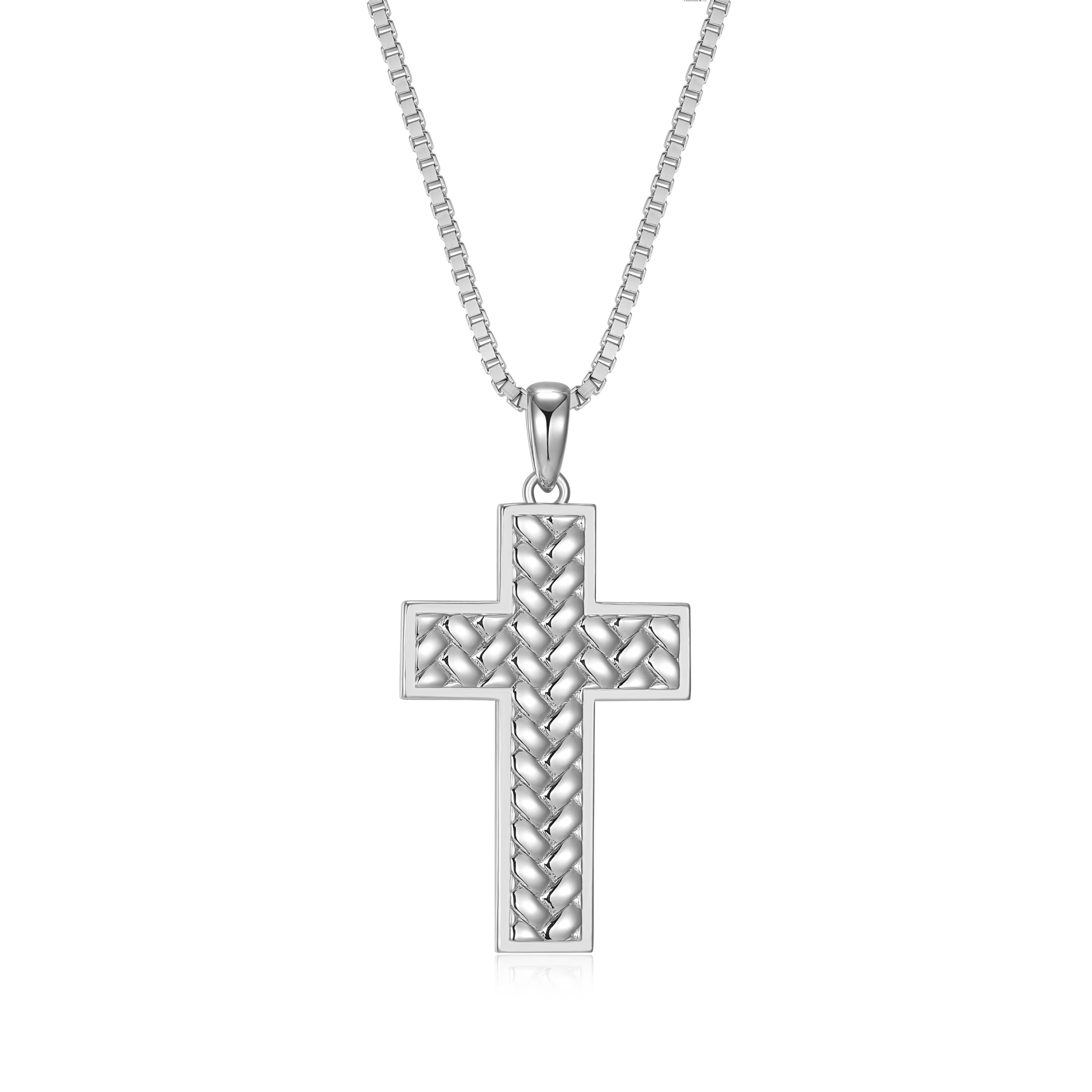 Rhodium Plated Sterling Silver Mens Cross Pendant Necklace