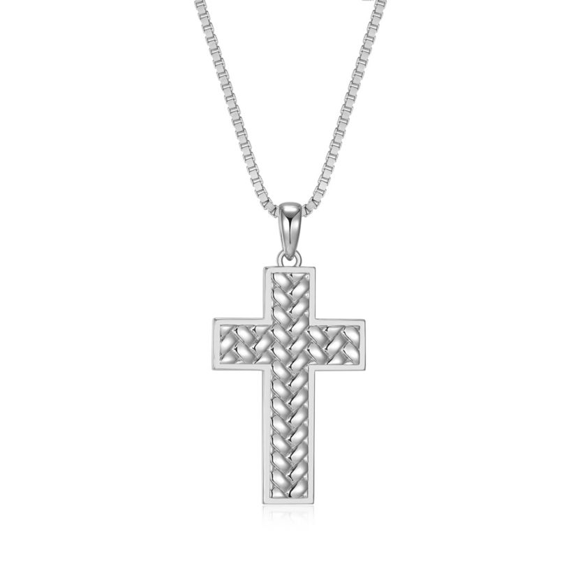 Rhodium Plated Sterling Silver Mens Cross Pendant Necklace