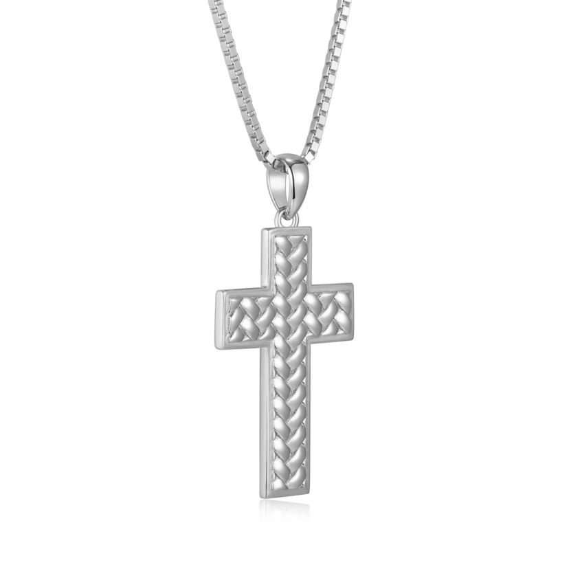 Rhodium Plated Sterling Silver Mens Cross Pendant Necklace