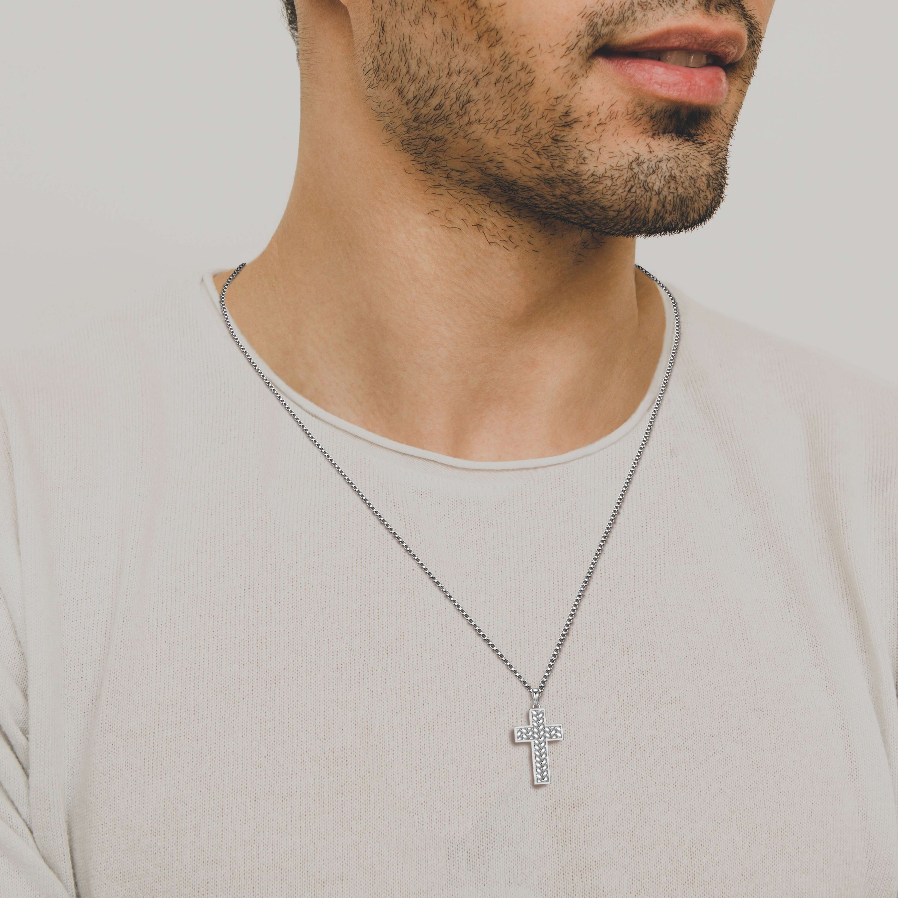 Rhodium Plated Sterling Silver Mens Cross Pendant Necklace