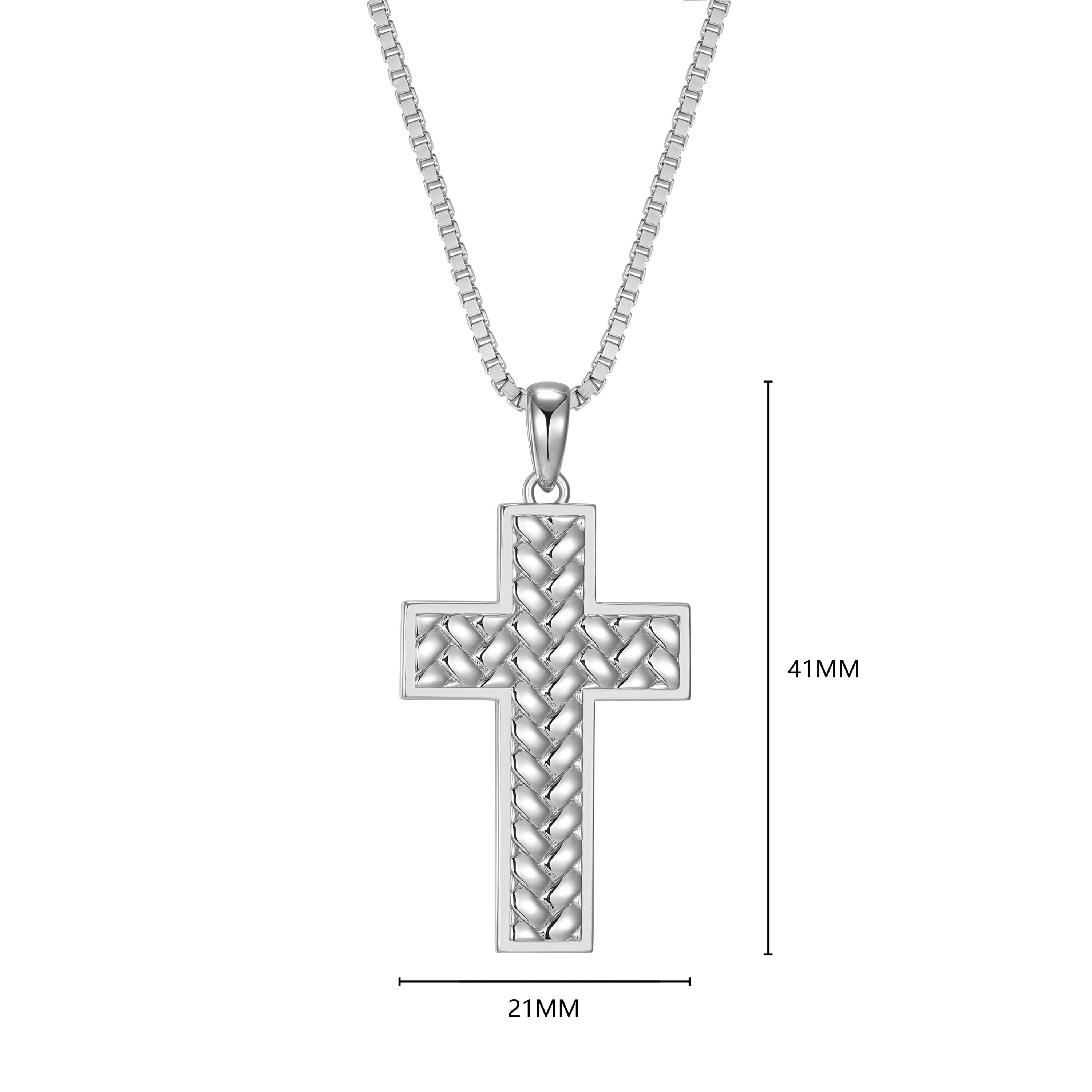 Rhodium Plated Sterling Silver Mens Cross Pendant Necklace