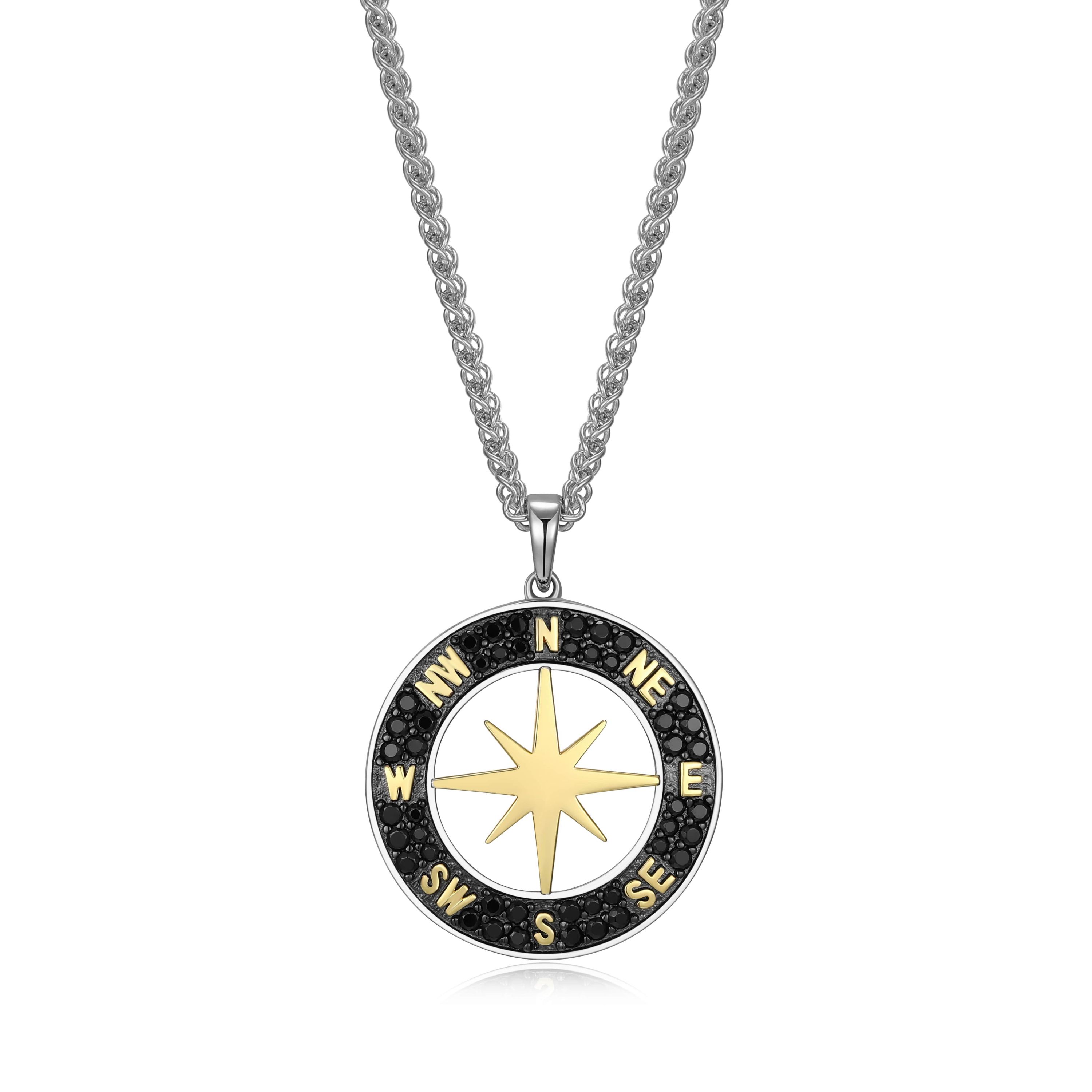 Mens Genuine Black Spinel Compass Pendant Necklace in 18K Gold and Rhodium Plated Sterling Silver