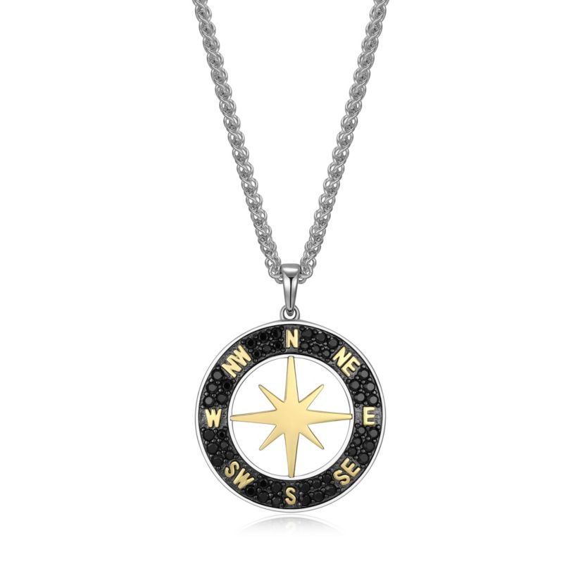 Mens Genuine Black Spinel Compass Pendant Necklace in 18K Gold and Rhodium Plated Sterling Silver