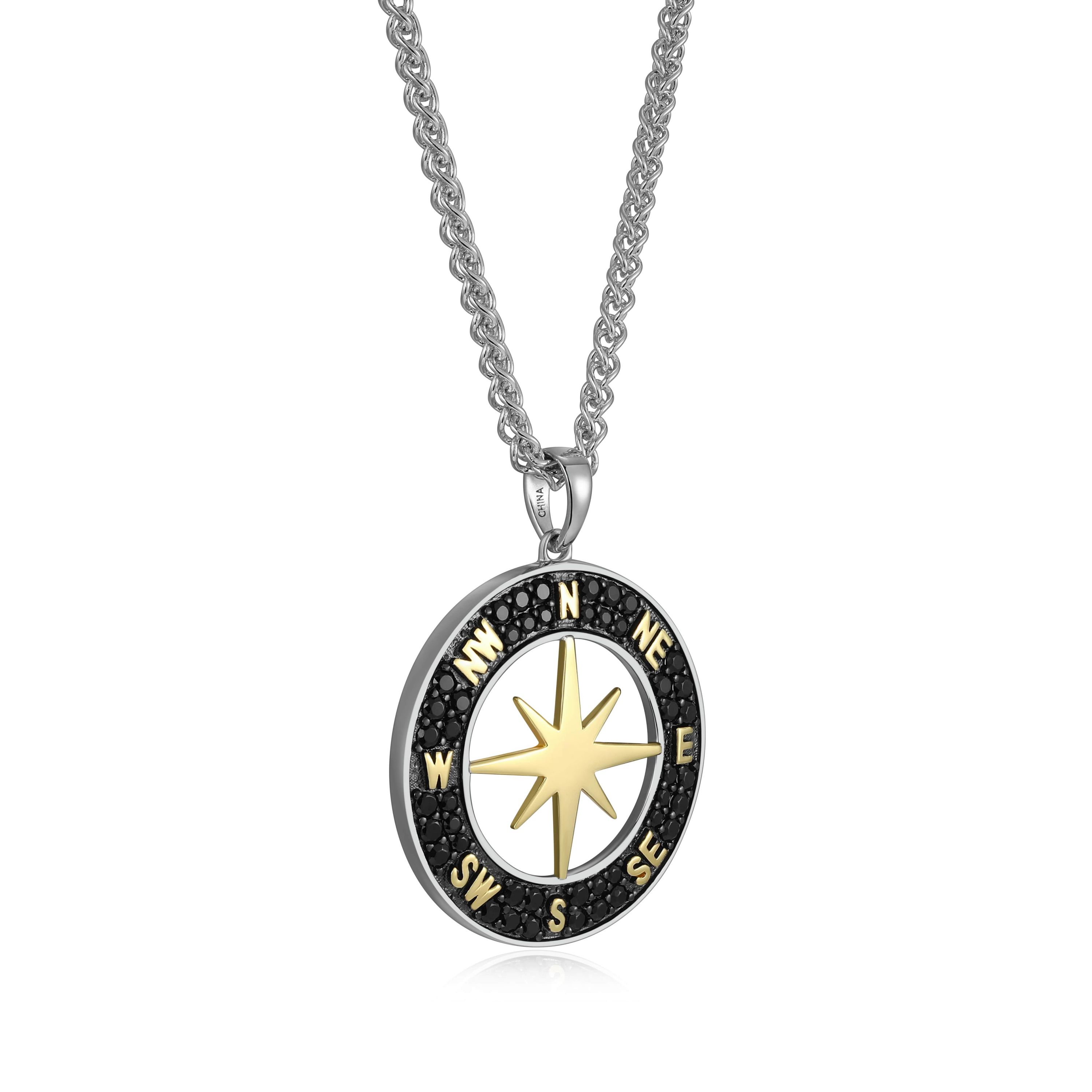 Mens Genuine Black Spinel Compass Pendant Necklace in 18K Gold and Rhodium Plated Sterling Silver