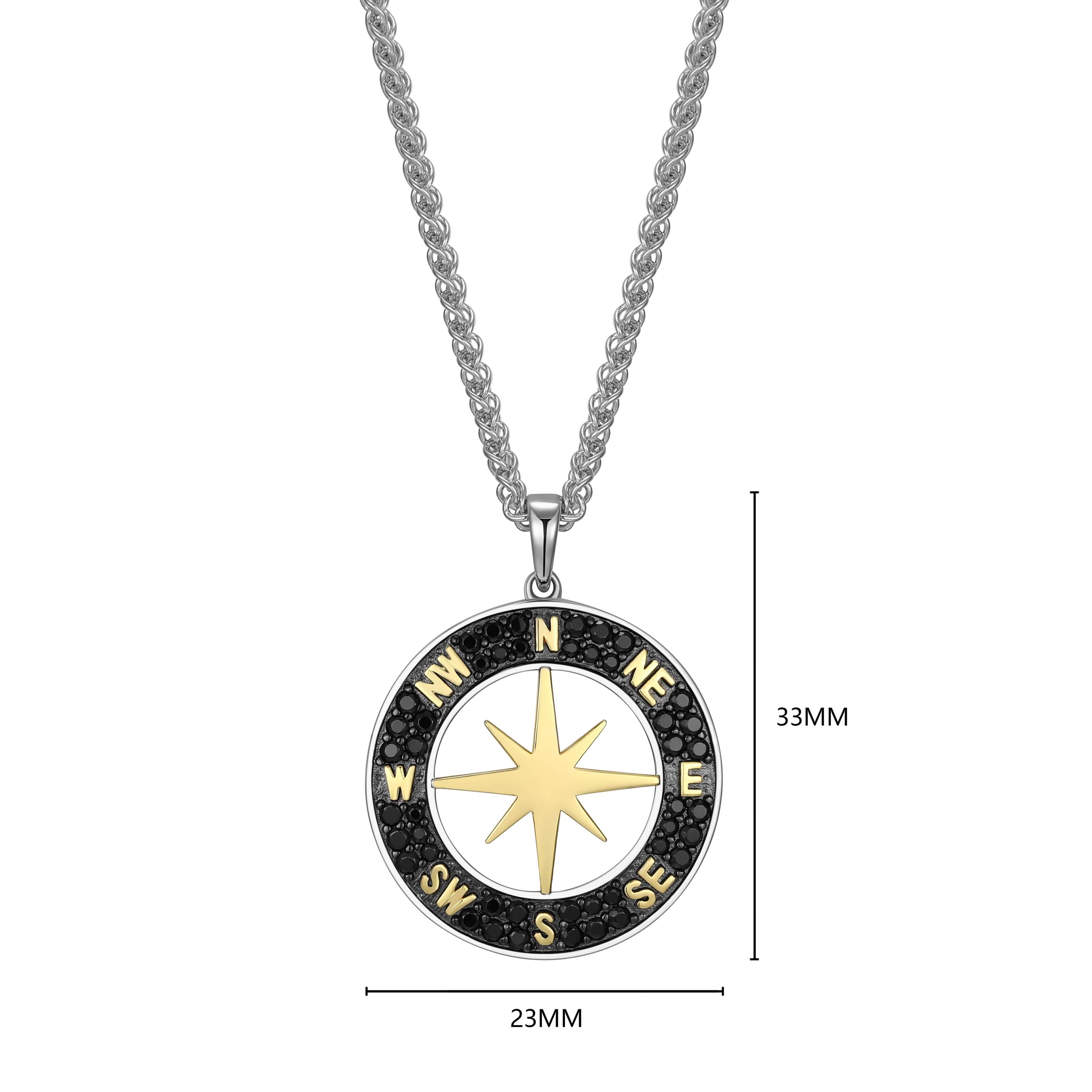 Mens Genuine Black Spinel Compass Pendant Necklace in 18K Gold and Rhodium Plated Sterling Silver