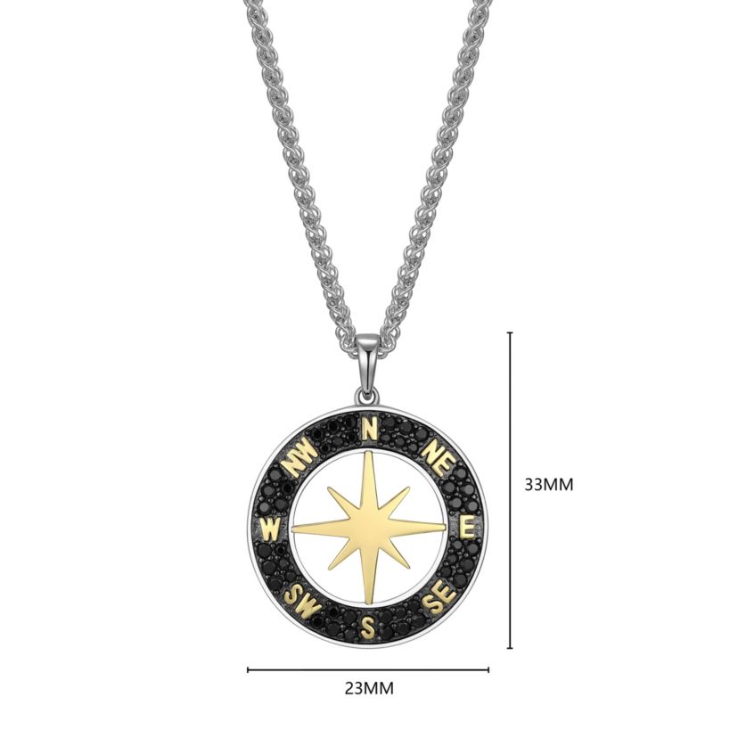 Mens Genuine Black Spinel Compass Pendant Necklace in 18K Gold and Rhodium Plated Sterling Silver
