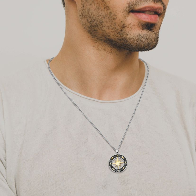 Mens Genuine Black Spinel Compass Pendant Necklace in 18K Gold and Rhodium Plated Sterling Silver