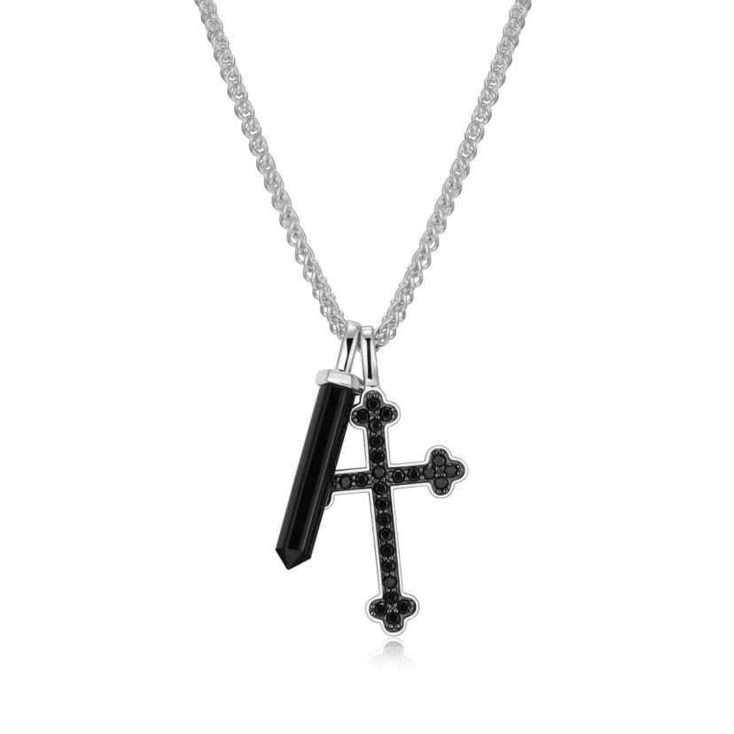 Mens Genuine Onyx and Black Spinel Cross Pendant Necklace in Rhodium Plated Sterling Silver