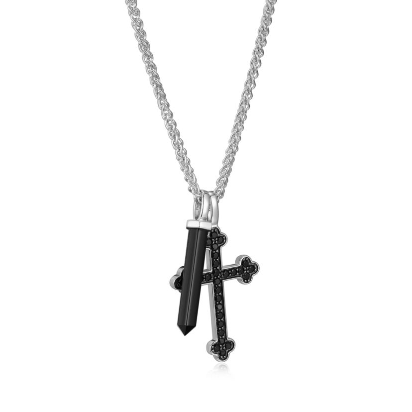 Mens Genuine Onyx and Black Spinel Cross Pendant Necklace in Rhodium Plated Sterling Silver