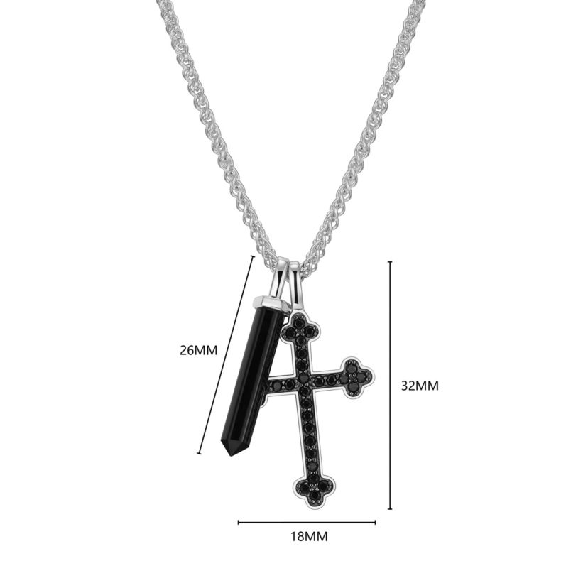 Mens Genuine Onyx and Black Spinel Cross Pendant Necklace in Rhodium Plated Sterling Silver