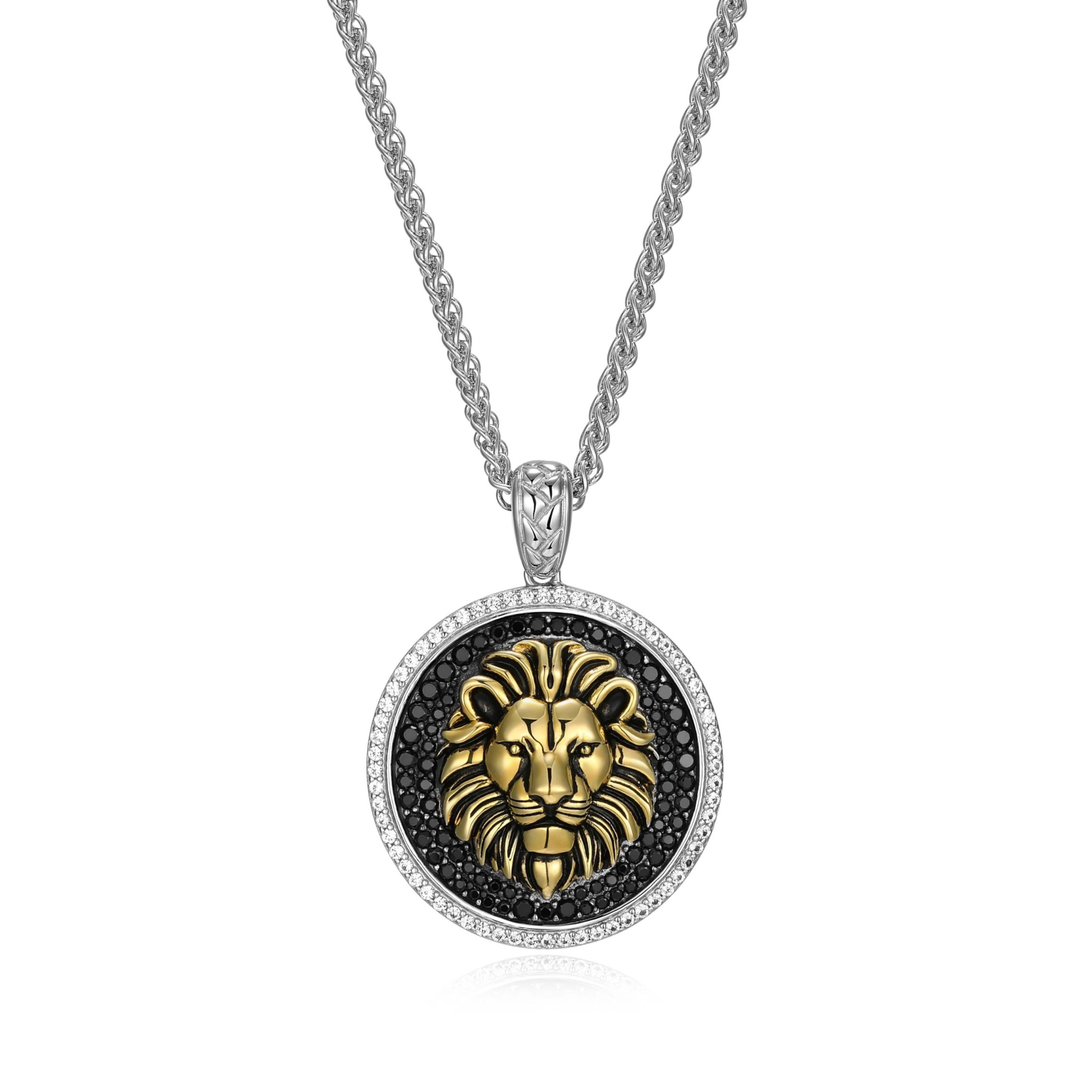 Mens Genuine Black Spinel and Created White Sapphire Lion Pendant Necklace in 18k Gold And Rhodium Plated Sterling Silver