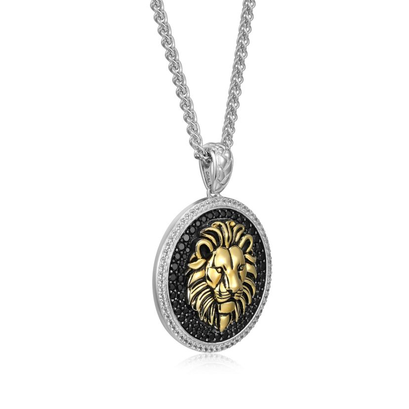 Mens Genuine Black Spinel and Created White Sapphire Lion Pendant Necklace in 18k Gold And Rhodium Plated Sterling Silver