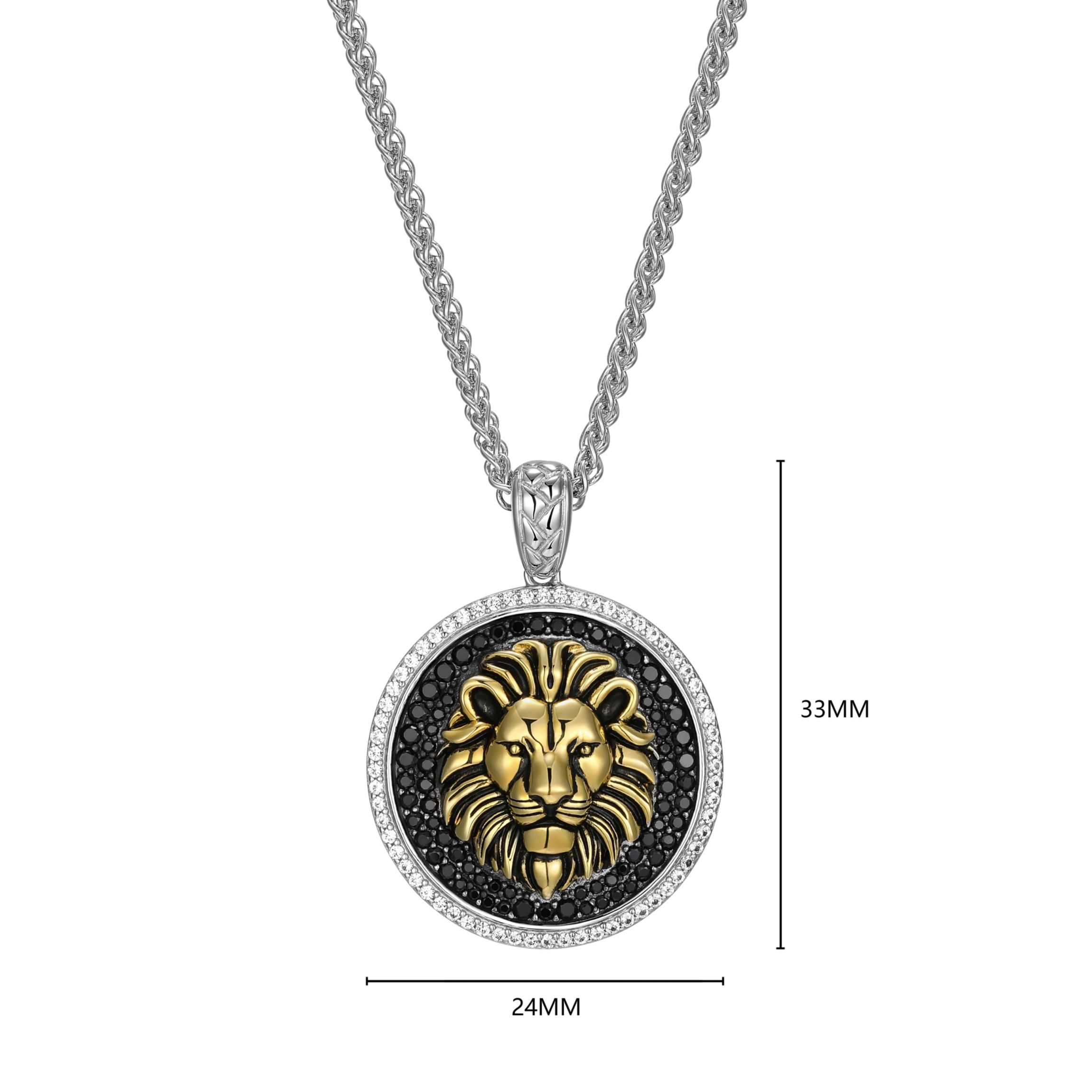 Mens Genuine Black Spinel and Created White Sapphire Lion Pendant Necklace in 18k Gold And Rhodium Plated Sterling Silver
