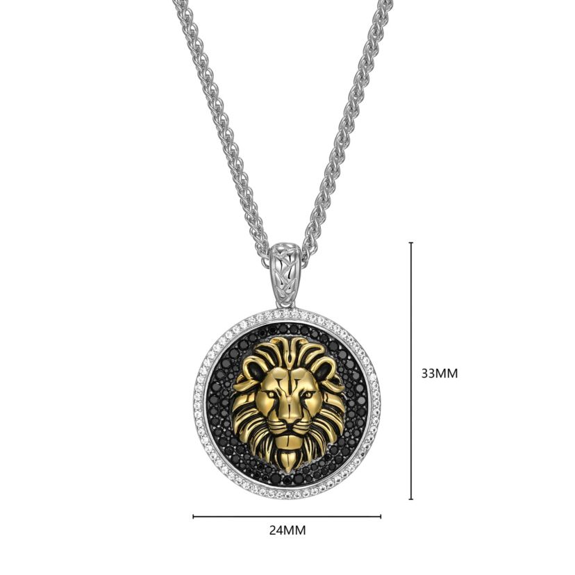 Mens Genuine Black Spinel and Created White Sapphire Lion Pendant Necklace in 18k Gold And Rhodium Plated Sterling Silver