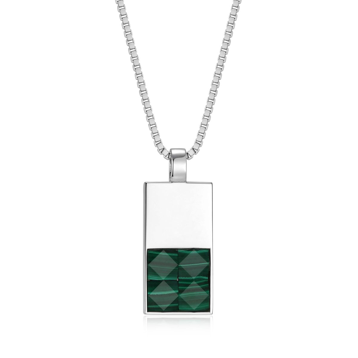 Rhodium Plated Sterling Silver Mens Genuine Malachite Pendant Necklace