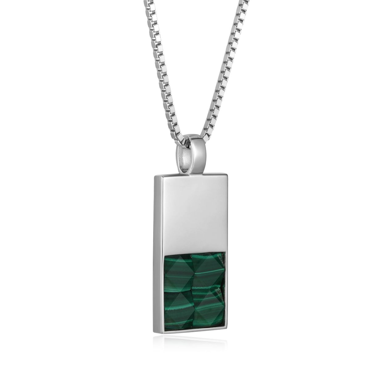 Rhodium Plated Sterling Silver Mens Genuine Malachite Pendant Necklace
