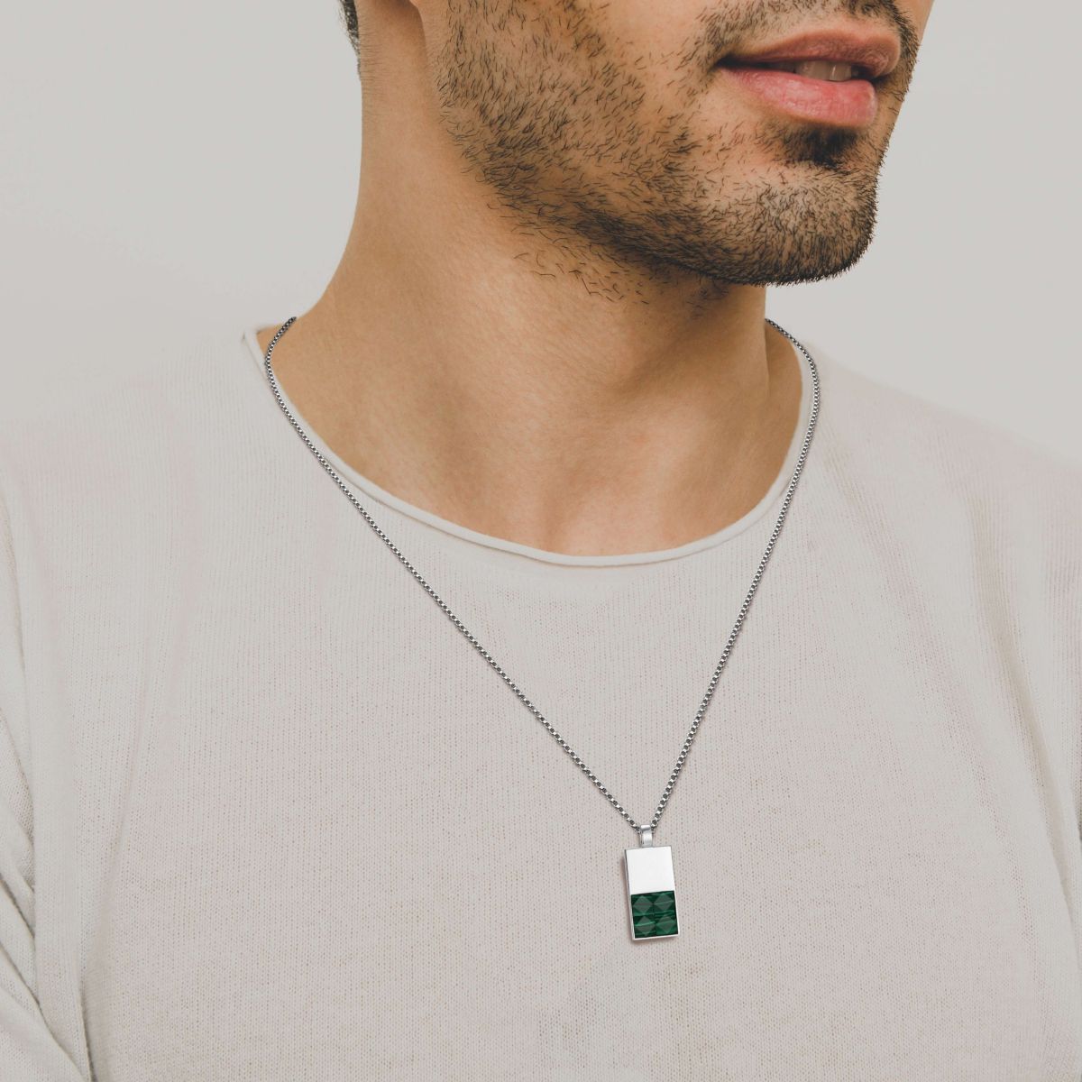 Rhodium Plated Sterling Silver Mens Genuine Malachite Pendant Necklace