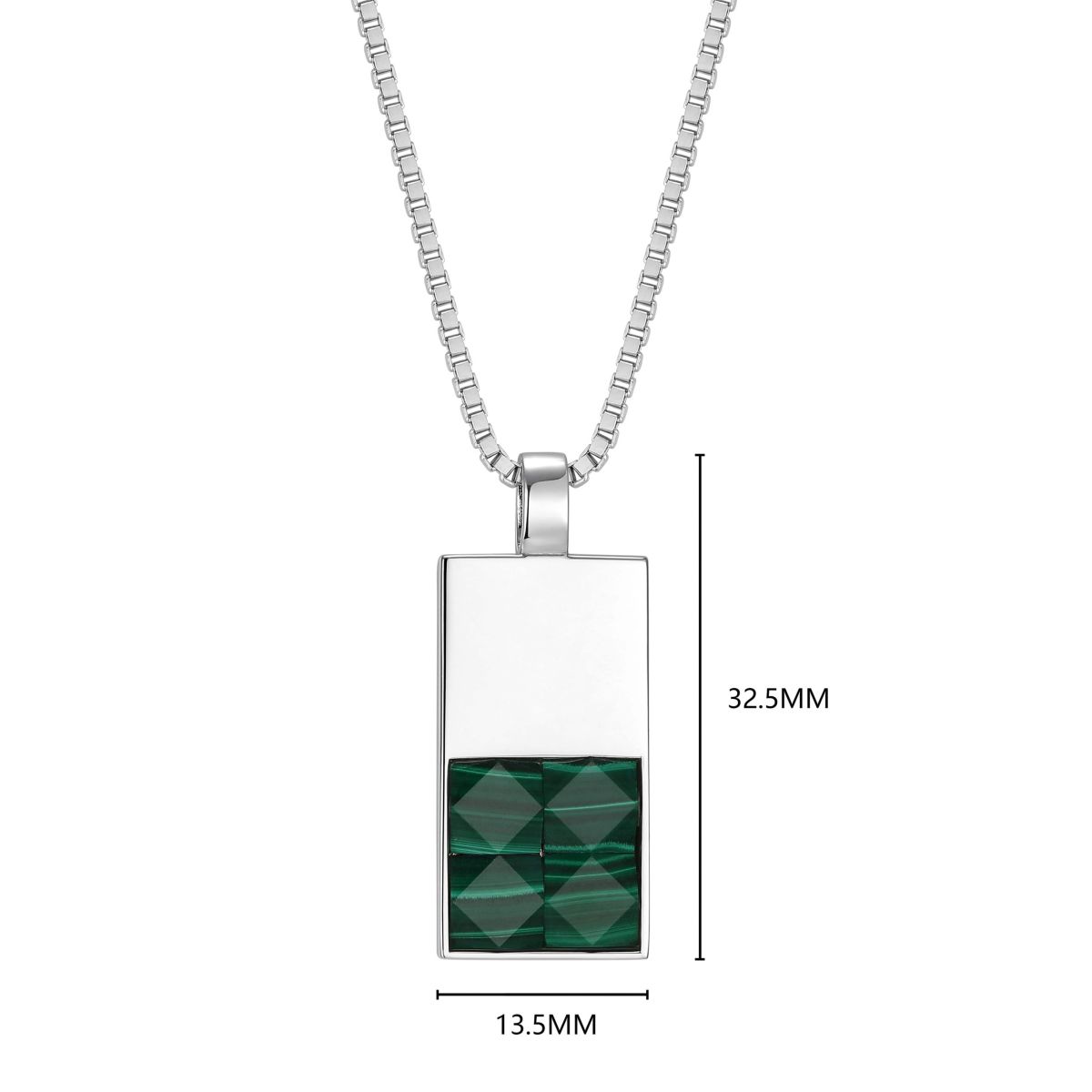 Rhodium Plated Sterling Silver Mens Genuine Malachite Pendant Necklace