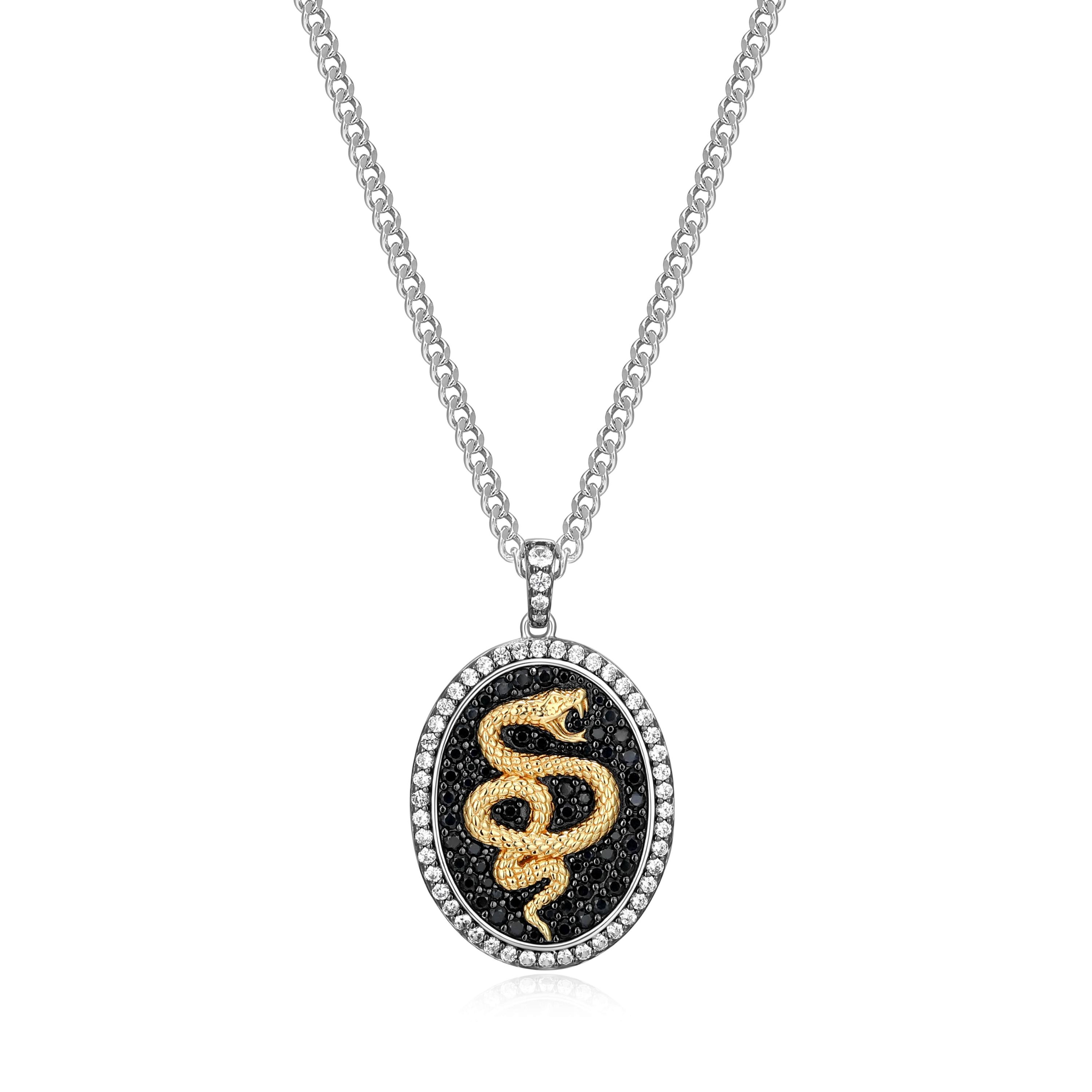Two Tone Sterling Silver Mens Genuine Black Sapphire and Created White Sapphire Oval Snake Pendant Necklace