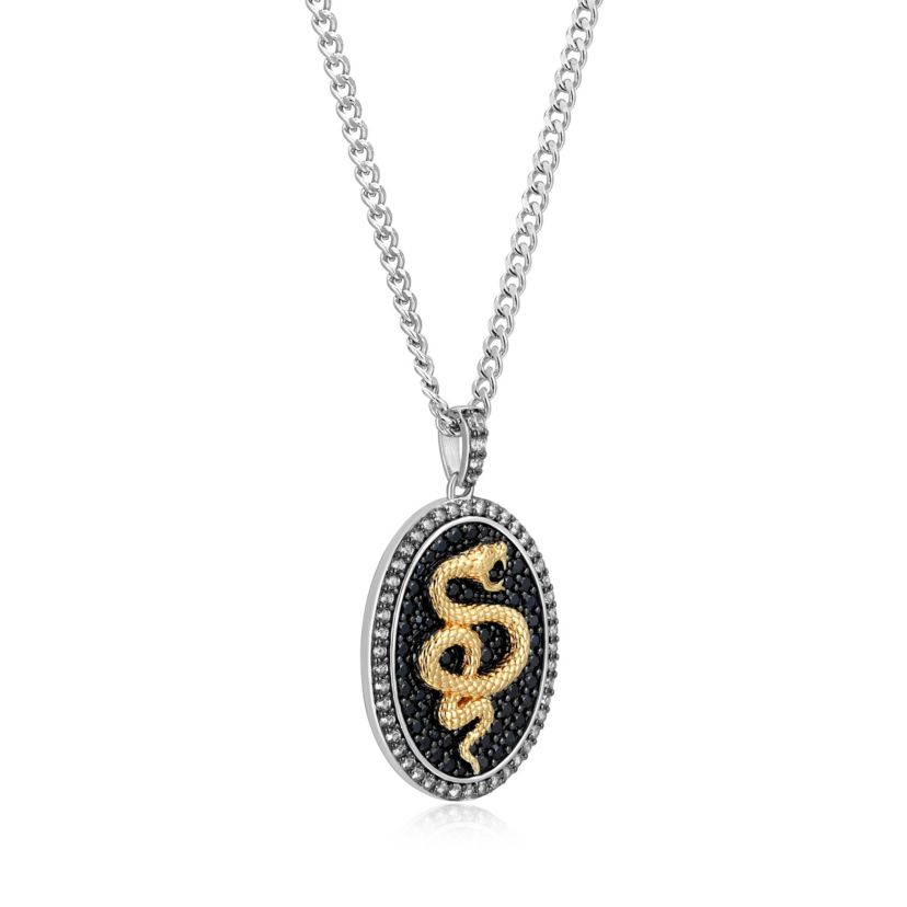 Two Tone Sterling Silver Mens Genuine Black Sapphire and Created White Sapphire Oval Snake Pendant Necklace